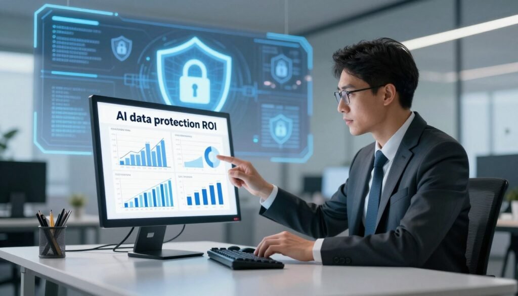 A dynamic and visually striking illustration of "AI data protection ROI". In the foreground, a sleek, modern office desk with a high-tech computer displaying analytical graphs and charts related to AI data protection ROI metrics. The middle ground features a confident business professional in formal attire, analyzing the data on the screen, with an expression of determination. In the background, a large digital display showcases abstract symbols of cybersecurity, such as locks and shield icons, glowing softly. The lighting is bright and professional, casting soft shadows that add depth, with a slight focus blur on the background to emphasize the subject. The atmosphere conveys a sense of innovation and progress, underscoring the importance of AI in transforming data protection strategies. A dynamic and visually striking illustration of "AI data protection ROI". In the foreground, a sleek, modern office desk with a high-tech computer displaying analytical graphs and charts related to AI data protection ROI metrics. The middle ground features a confident business professional in formal attire, analyzing the data on the screen, with an expression of determination. In the background, a large digital display showcases abstract symbols of cybersecurity, such as locks and shield icons, glowing softly. The lighting is bright and professional, casting soft shadows that add depth, with a slight focus blur on the background to emphasize the subject. The atmosphere conveys a sense of innovation and progress, underscoring the importance of AI in transforming data protection strategies.