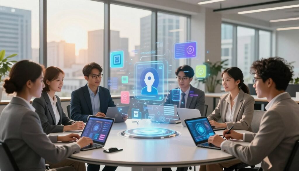 A futuristic office scene showcasing accessible AI solutions transforming productivity. In the foreground, a diverse group of professionals, dressed in smart business attire, collaborates around a sleek round table with high-tech devices like tablets and holographic displays illustrating AI interfaces. In the middle, visually engaging data streams and icons float in the air, representing various AI tools like virtual assistants and productivity applications, with vibrant colors reflecting innovation. The background features large windows that reveal a modern cityscape bathed in warm, natural light, emphasizing the optimistic future of work. The atmosphere is dynamic and inspiring, with a focus on collaboration and advancement in technology. Soft lighting enhances the scene, creating a welcoming and productive environment.