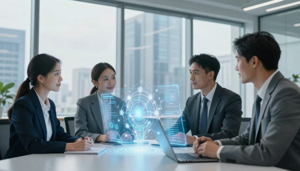 A futuristic office setting emphasizing AI compliance management. In the foreground, a diverse group of three professionals, two men and one woman, dressed in formal business attire, are gathered around a sleek table with holographic screens displaying data protection metrics and compliance checklists. In the middle, an abstract AI interface glows softly, showcasing interconnected nodes representing regulatory frameworks. The background features floor-to-ceiling windows revealing a modern cityscape under a bright sky, symbolizing a forward-looking business environment. Soft, diffused lighting creates a professional and optimistic atmosphere. The angle is slightly elevated to capture the collaboration and technology seamlessly integrated into their workspace. A futuristic office setting emphasizing AI compliance management. In the foreground, a diverse group of three professionals, two men and one woman, dressed in formal business attire, are gathered around a sleek table with holographic screens displaying data protection metrics and compliance checklists. In the middle, an abstract AI interface glows softly, showcasing interconnected nodes representing regulatory frameworks. The background features floor-to-ceiling windows revealing a modern cityscape under a bright sky, symbolizing a forward-looking business environment. Soft, diffused lighting creates a professional and optimistic atmosphere. The angle is slightly elevated to capture the collaboration and technology seamlessly integrated into their workspace.