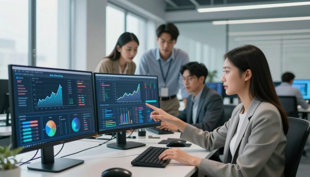 A futuristic workspace featuring a diverse group of professionals analyzing data on sleek computers, surrounded by vibrant screens displaying graphs and analytics related to affiliate marketing. In the foreground, a young woman in smart business attire is enthusiastically pointing at a monitor filled with AI tools and metrics. In the middle, two colleagues, a man and a woman, collaborate over digital charts on a table, depicting growth and strategic plans. The background showcases a modern office environment with large windows letting in soft, natural light, creating a bright and optimistic atmosphere. The scene should evoke a sense of innovation and teamwork, emphasizing the intersection of technology and marketing. Use a wide-angle lens effect to capture the depth and dynamics of collaboration.