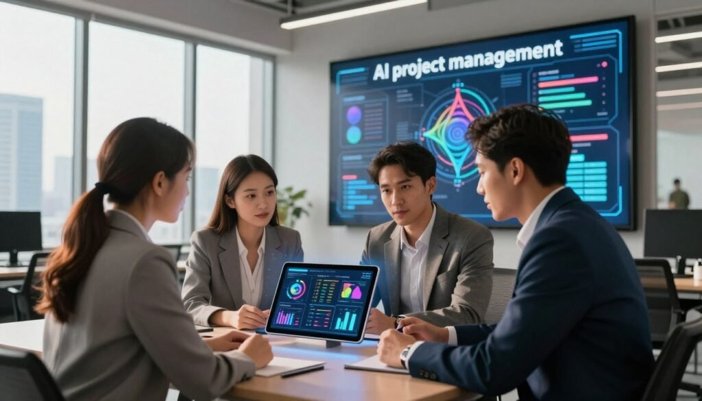 A modern office setting showcasing "AI project management." In the foreground, a diverse group of three professionals (two men and one woman) engaged in a collaborative discussion, all dressed in smart business attire, using a tablet displaying a holographic project management interface with charts and timelines. In the middle ground, a large digital screen on the wall illustrates AI algorithms and project metrics in vibrant colors. The background features large windows with a view of a city skyline, providing natural light that adds a warm and motivating atmosphere. The overall mood is one of innovation and teamwork, captured with a wide-angle lens to emphasize the space and create depth, highlighting the future of productivity enhanced by AI technology.
