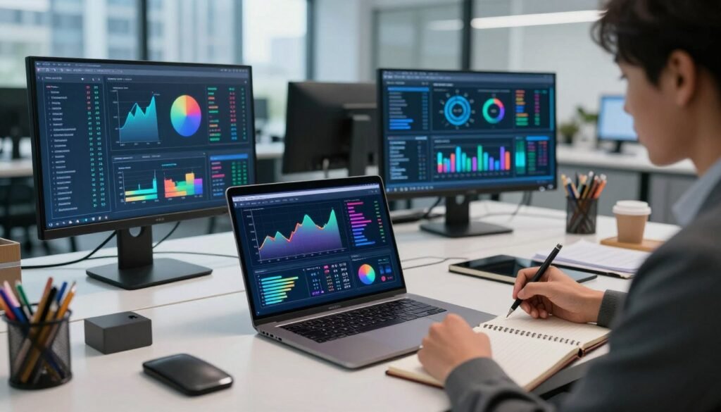 A modern workspace showcasing data analytics software in action. In the foreground, a sleek laptop displays vibrant, colorful graphs and charts on the screen, representing complex data visualizations. A professional person in business attire is focused on the laptop, taking notes on a notepad, surrounded by office supplies. In the middle ground, multiple monitors showcase real-time data feeds, with glowing analytics dashboards illuminating the workspace. The background features a glass wall with city views, casting soft, natural light into the space, creating a bright and inspiring atmosphere. The overall mood is one of productivity, innovation, and insight, highlighting the transformative power of AI tools in data analysis. The angle is slightly elevated, capturing the essence of a dynamic work environment.