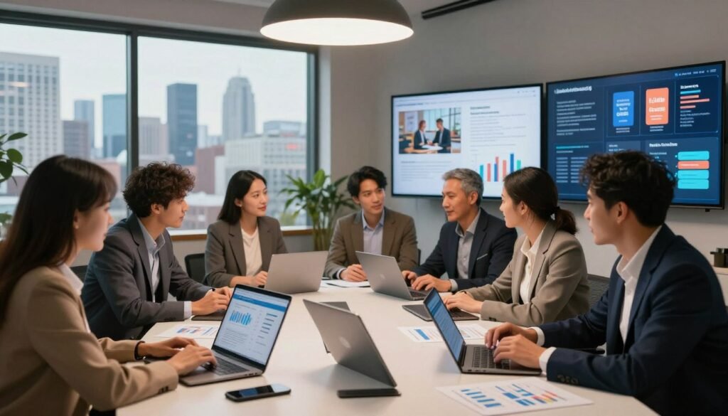 A vibrant, engaging workspace scene depicting the concept of monetizing AI-generated content. In the foreground, a diverse group of professionals, dressed in smart business attire, collaborates around a modern conference table filled with laptops, tablets, and printed reports showcasing charts and digital content. In the middle ground, an open window reveals a bustling city skyline, symbolizing opportunity and growth. Soft, warm lighting from overhead lamps creates an inviting atmosphere. In the background, large screens display AI-generated visual art and infographics, illustrating various income streams such as online courses, e-books, and digital marketing. The overall mood is optimistic and dynamic, reflecting innovation and success in the digital economy.