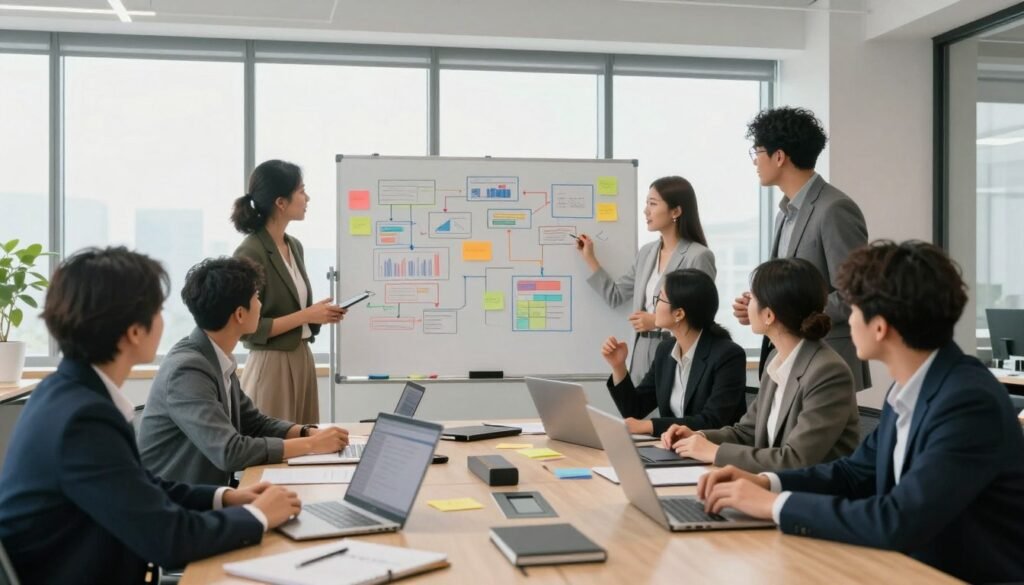 A bright and modern office space as the foreground, featuring a diverse group of professionals in business attire collaborating over a large table strewn with notebooks, laptops, and digital devices. In the middle ground, a whiteboard filled with colorful flowcharts and graphs illustrates the script creation process, surrounded by sticky notes and brainstorming materials. The background showcases a large window with soft natural light streaming in, creating an inspiring atmosphere. The composition emphasizes teamwork and creativity, with the professionals engaged in animated discussion, showcasing a sense of focus and determination. Use a wide-angle lens effect to capture the expansive feel of the room while maintaining clarity on the subjects. The overall mood should be energetic and collaborative, highlighting innovation in content creation.