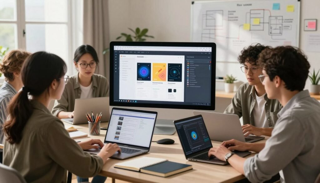 A cozy, modern home office setup focused on creating online courses with AI technology. In the foreground, a diverse group of professionals, including a woman with glasses and a man with a laptop, are actively collaborating around a table adorned with notebooks and digital devices. The middle ground features a large computer monitor displaying various online course materials, bright graphics, and AI tools at work. In the background, a whiteboard filled with diagrams and ideas adds to the creative atmosphere. The room is well-lit, with natural light streaming through a window, casting soft shadows. The overall mood is dynamic and inspiring, embodying innovation and productivity in educational product development. A cozy, modern home office setup focused on creating online courses with AI technology. In the foreground, a diverse group of professionals, including a woman with glasses and a man with a laptop, are actively collaborating around a table adorned with notebooks and digital devices. The middle ground features a large computer monitor displaying various online course materials, bright graphics, and AI tools at work. In the background, a whiteboard filled with diagrams and ideas adds to the creative atmosphere. The room is well-lit, with natural light streaming through a window, casting soft shadows. The overall mood is dynamic and inspiring, embodying innovation and productivity in educational product development.