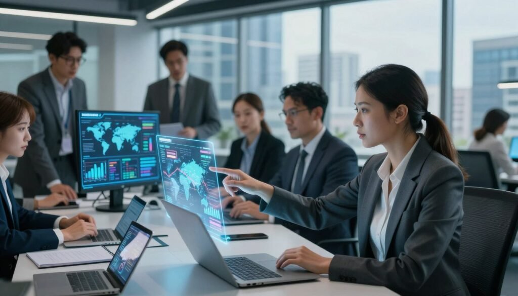 A diverse group of professionals collaborating around a high-tech table, analyzing data on digital devices, with holographic graphs and charts displaying global trends. In the foreground, a focused woman in a tailored suit points to a hologram, while a man beside her types notes. The middle area features a digital screen showcasing industries such as technology, sustainability, and healthcare, illuminated by soft, ambient lighting. In the background, an office with large windows offers a panoramic view of a modern cityscape, signifying future growth. The atmosphere is dynamic and innovative, reflecting a sense of collaboration and optimism about workforce development in the evolving landscape of 2026. Shot from a slightly elevated angle to capture the interactions effectively.