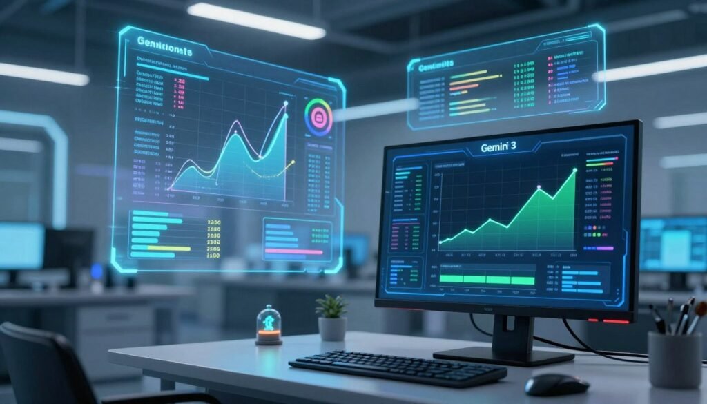 A dynamic illustration of technical benchmarks performance metrics, showcasing a futuristic digital landscape. In the foreground, a sleek, modern computer workstation displays complex graphs and charts analyzing GPT-6 and Gemini 3 performance; vibrant colors of blue and green illuminate the screen. The middle ground features floating data streams and holographic elements representing performance metrics, such as response time and accuracy, in an abstract, visually engaging manner. The background showcases a high-tech lab environment with soft ambient lighting, accentuating a sense of innovation and progress. The overall mood is one of advanced technology and analytical rigor, emphasizing clarity and precision in performance evaluation.