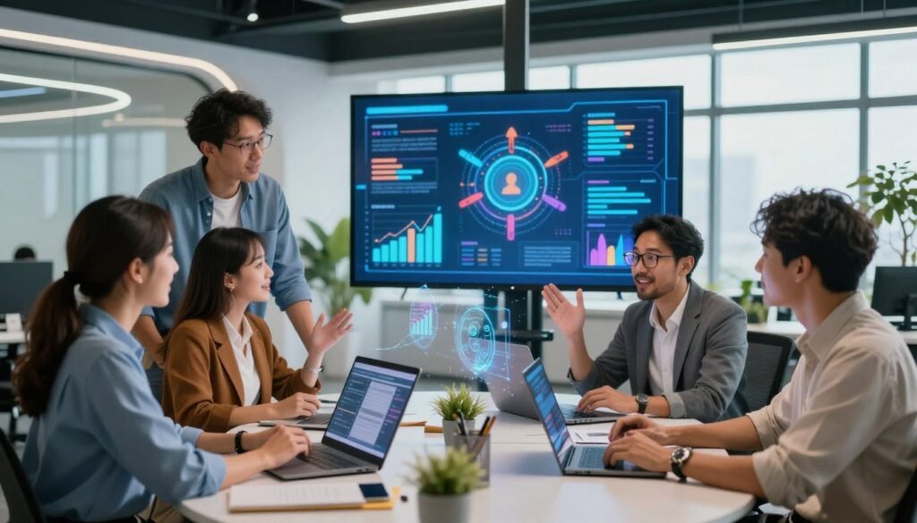 A dynamic workspace filled with diverse professionals collaborating on digital devices, illustrating the transformation of job roles and skills in the face of advancing technology. In the foreground, a group of four individuals—two men and two women—are engaged in animated discussion, all dressed in smart casual business attire. In the middle ground, a large digital screen displays vibrant graphs and icons representing various skills and professions, with holographic elements that suggest innovation and growth. The background features a modern office environment with futuristic design elements, large windows allowing natural light to pour in, and greenery for a touch of freshness. The overall mood is optimistic and energetic, emphasizing adaptability and progress in the evolving landscape of work.
