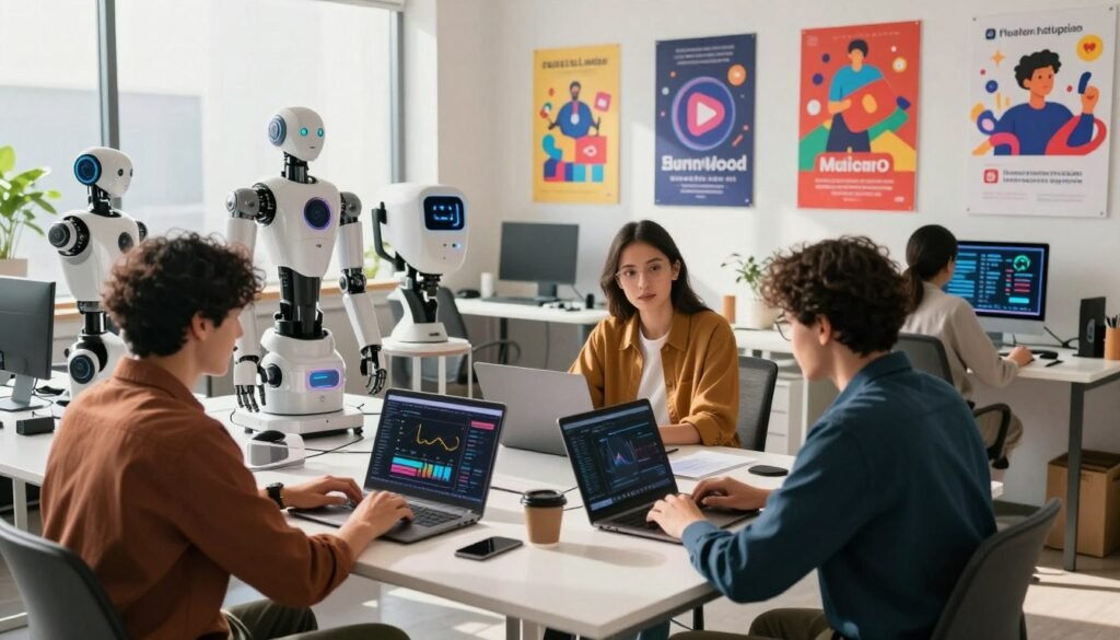 A dynamic workspace scene illustrating the creator economy automation trends. In the foreground, a diverse group of three professionals in smart casual attire are engaged in a brainstorming session around a modern desk filled with laptops and digital devices displaying graphs and analytics related to content creation. The middle ground features sleek, futuristic technology like AI-powered tools and robotic assistants working quietly. The background is adorned with vibrant posters of popular social media platforms and creative digital art. Bright, natural lighting filters through large windows, casting soft shadows and creating an inspiring atmosphere. The image captures a sense of collaboration and innovation in a tech-savvy environment, emphasizing the synergy between creativity and automation in today's creator economy.