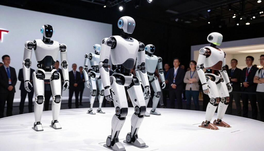 A futuristic comparison stage featuring humanoid robots, focusing on the Tesla Optimus Home Robot. In the foreground, the Tesla Optimus stands confidently, showcasing its sleek design with metallic finishes and dynamic features. Next to it, a few competing humanoid robots are displayed, each varying in design—some with more angular, traditional forms and others with softer, rounded edges. The middle ground emphasizes a high-tech exhibition setting, illuminated by bright, even lighting that highlights the robots' details. In the background, blurred silhouettes of an engaged audience in professional attire observe with curiosity. The atmosphere is lively yet sophisticated, capturing the essence of technological innovation in robotics. Shot from a slightly elevated angle to create depth, with a wide-angle lens to include the stage's elements seamlessly. A futuristic comparison stage featuring humanoid robots, focusing on the Tesla Optimus Home Robot. In the foreground, the Tesla Optimus stands confidently, showcasing its sleek design with metallic finishes and dynamic features. Next to it, a few competing humanoid robots are displayed, each varying in design—some with more angular, traditional forms and others with softer, rounded edges. The middle ground emphasizes a high-tech exhibition setting, illuminated by bright, even lighting that highlights the robots' details. In the background, blurred silhouettes of an engaged audience in professional attire observe with curiosity. The atmosphere is lively yet sophisticated, capturing the essence of technological innovation in robotics. Shot from a slightly elevated angle to create depth, with a wide-angle lens to include the stage's elements seamlessly.