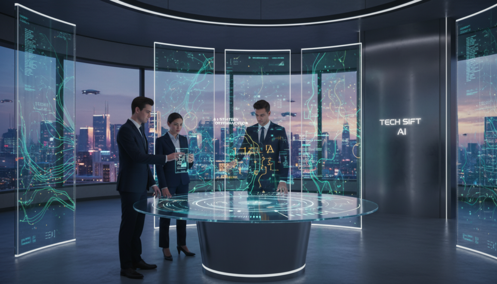 A futuristic corporate office setting showcasing the integration of AI in business strategy. In the foreground, a diverse group of three professionals in smart business attire is analyzing digital holographic data displays, showcasing AI algorithms transforming decision-making processes. In the middle, sleek design elements like transparent screens and abstract AI patterns reflect a modern workspace. The background features a panoramic window revealing a vibrant city skyline, symbolizing growth and innovation. Use soft, ambient lighting to create an optimistic and inspiring atmosphere, with gentle reflections on glass surfaces. A wide-angle view captures the collaborative energy of the scene. Include subtle branding elements of "Tech Sift AI" in the environment, emphasizing their role in the future of corporate strategy.