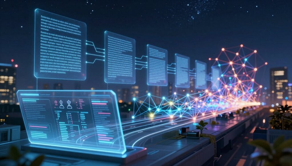 A futuristic digital landscape showcasing quantum tensor networks visually interconnected with vibrant nodes and pathways, symbolizing the scaling of natural language processing. In the foreground, a sleek, translucent interface displays real-time data points and algorithms, hinting at advanced AI capabilities. The middle ground features a series of holographic projections representing text flowing through quantum circuits, with glowing connections illustrating processing power. The background is a blend of a starry night sky and a city skyline, depicting the intersection of technology and nature. Soft, ethereal lighting illuminates the scene, casting gentle glows and shadows. The atmosphere conveys a sense of innovation, potential, and the exploration of new frontiers in quantum computing. A futuristic digital landscape showcasing quantum tensor networks visually interconnected with vibrant nodes and pathways, symbolizing the scaling of natural language processing. In the foreground, a sleek, translucent interface displays real-time data points and algorithms, hinting at advanced AI capabilities. The middle ground features a series of holographic projections representing text flowing through quantum circuits, with glowing connections illustrating processing power. The background is a blend of a starry night sky and a city skyline, depicting the intersection of technology and nature. Soft, ethereal lighting illuminates the scene, casting gentle glows and shadows. The atmosphere conveys a sense of innovation, potential, and the exploration of new frontiers in quantum computing.
