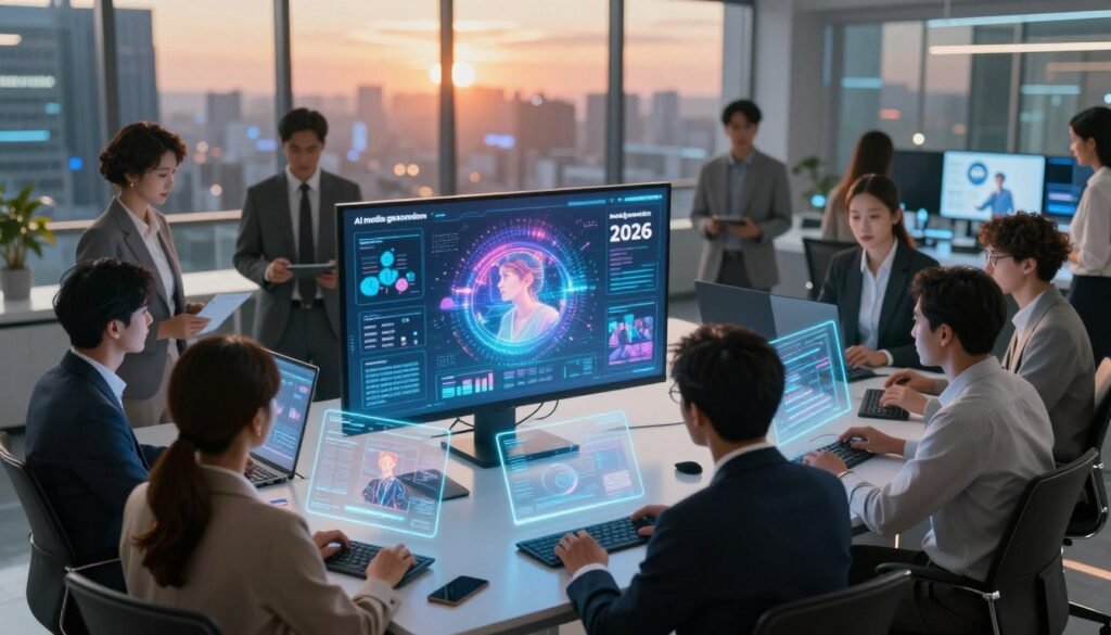 A futuristic digital workspace showcasing the theme of "AI media generation 2026." In the foreground, a diverse team of professionals in smart business attire, deeply engaged with advanced holographic interfaces displaying dynamic media graphics. In the middle ground, a large, sleek monitor illuminates with animated data visualizations and AI-generated art, representing the generative power of modern AI. The background features a cityscape through glass windows, bathed in warm, ambient lighting, hinting at a sunset glow. The atmosphere is vibrant and innovative, with a sense of collaboration and creativity. Use a slightly elevated angle to capture the bustling environment, with soft bokeh effects enhancing focus on the engaged individuals and their digital tools. A futuristic digital workspace showcasing the theme of "AI media generation 2026." In the foreground, a diverse team of professionals in smart business attire, deeply engaged with advanced holographic interfaces displaying dynamic media graphics. In the middle ground, a large, sleek monitor illuminates with animated data visualizations and AI-generated art, representing the generative power of modern AI. The background features a cityscape through glass windows, bathed in warm, ambient lighting, hinting at a sunset glow. The atmosphere is vibrant and innovative, with a sense of collaboration and creativity. Use a slightly elevated angle to capture the bustling environment, with soft bokeh effects enhancing focus on the engaged individuals and their digital tools.
