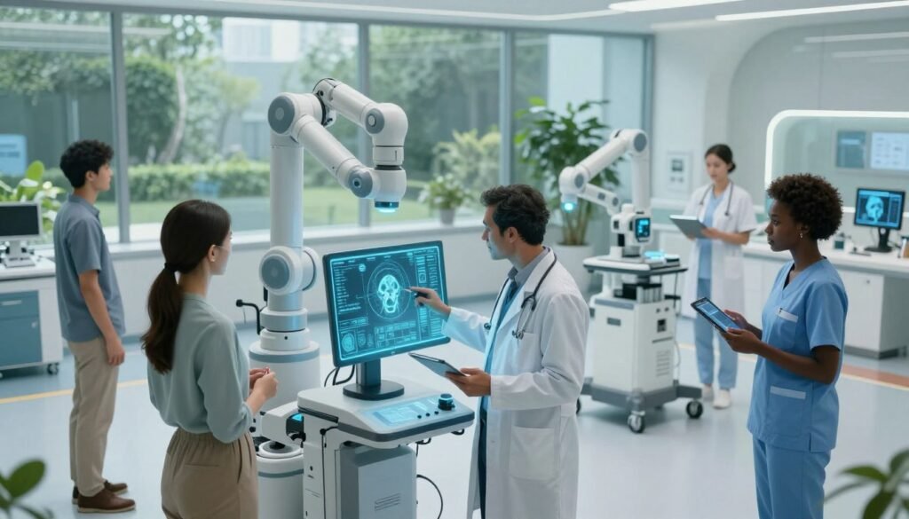 A futuristic healthcare setting where advanced AI technology is being utilized for medical diagnosis. In the foreground, a diverse group of healthcare professionals in smart casual clothing, including a doctor analyzing a glowing holographic display of patient data, and a nurse using a high-tech tablet. The middle ground features robotic devices assisting in patient monitoring, with intricate machinery softly glowing. In the background, large windows reveal a high-tech hospital environment filled with greenery and natural light, creating a calming atmosphere. The lighting should be bright but soothing, accentuating the innovation while emphasizing a sense of trust and care in healthcare. Capture the scene from a slightly elevated angle to give an overview of this synergistic integration of technology and patient care. A futuristic healthcare setting where advanced AI technology is being utilized for medical diagnosis. In the foreground, a diverse group of healthcare professionals in smart casual clothing, including a doctor analyzing a glowing holographic display of patient data, and a nurse using a high-tech tablet. The middle ground features robotic devices assisting in patient monitoring, with intricate machinery softly glowing. In the background, large windows reveal a high-tech hospital environment filled with greenery and natural light, creating a calming atmosphere. The lighting should be bright but soothing, accentuating the innovation while emphasizing a sense of trust and care in healthcare. Capture the scene from a slightly elevated angle to give an overview of this synergistic integration of technology and patient care.