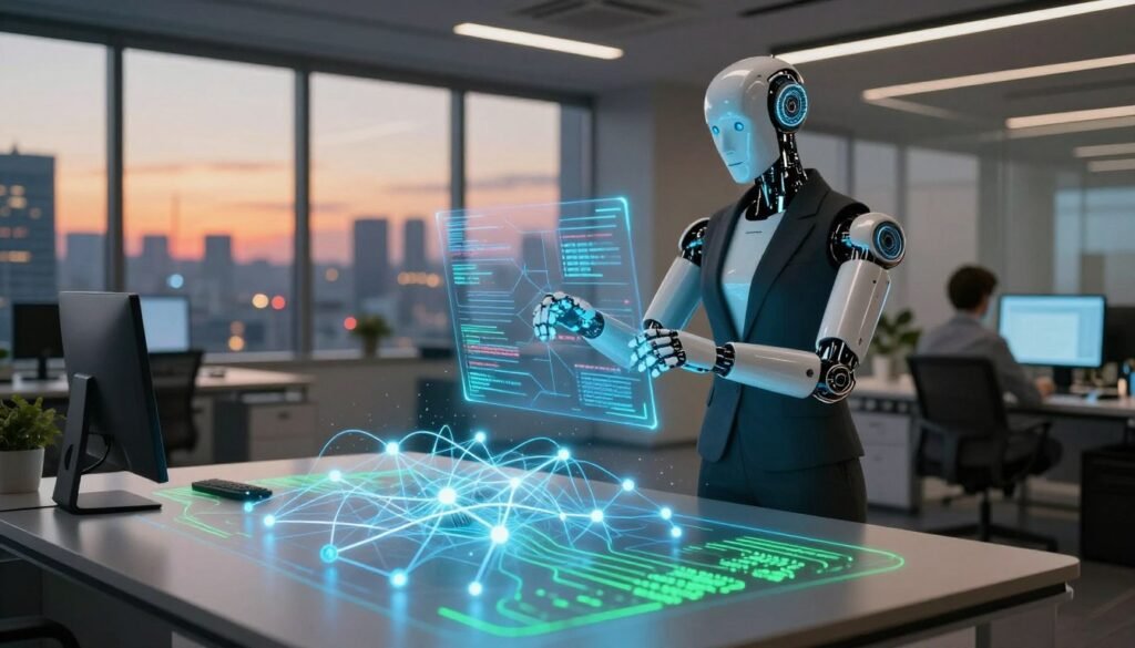 A futuristic, high-tech workspace depicting the concept of AI reasoning and context handling. In the foreground, an elegantly designed neural network diagram is illuminated by soft blue and green lights, representing data flow. The middle layer features a humanoid robot dressed in professional attire, analyzing and interacting with floating data streams and holographic displays. The background showcases a sleek office environment with large windows revealing a cityscape at dusk, casting a warm, ambient glow. The overall atmosphere is one of innovation and focus, with a slight sense of wonder. The lighting should be dynamic, emphasizing the robot and the data flows while maintaining a professional, sleek aesthetic.