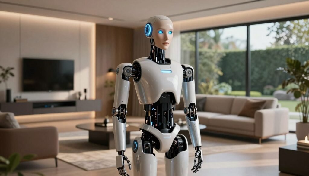A futuristic humanoid robot stands in a sleek, modern home setting. The foreground features the robot's intricate design: smooth metallic limbs, expressive LED eyes, and a human-like face with subtle features. In the middle ground, a well-furnished living room is visible, showcasing advanced technology and minimalistic furniture. Soft, ambient lighting casts gentle shadows, highlighting the robot’s polished surfaces and intricate joints. The background displays large windows with a garden view, inviting natural light into the scene. The atmosphere is warm and welcoming, conveying a sense of harmony between technology and home life. The perspective is eye-level, capturing the robot in a commanding yet approachable stance, suggesting its role as a helpful companion in everyday tasks. A futuristic humanoid robot stands in a sleek, modern home setting. The foreground features the robot's intricate design: smooth metallic limbs, expressive LED eyes, and a human-like face with subtle features. In the middle ground, a well-furnished living room is visible, showcasing advanced technology and minimalistic furniture. Soft, ambient lighting casts gentle shadows, highlighting the robot’s polished surfaces and intricate joints. The background displays large windows with a garden view, inviting natural light into the scene. The atmosphere is warm and welcoming, conveying a sense of harmony between technology and home life. The perspective is eye-level, capturing the robot in a commanding yet approachable stance, suggesting its role as a helpful companion in everyday tasks.