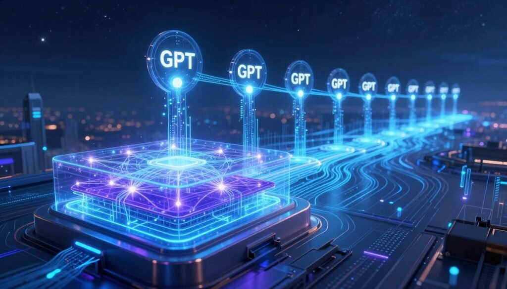 A futuristic illustration depicting the evolution of GPT models leading to GPT-6. In the foreground, a sleek, transparent structure showcasing layers of neural networks, glowing with vibrant lights in shades of blue and purple, symbolizing advanced AI technology. In the middle ground, a timeline visual of significant GPT iterations, represented by glowing nodes interlinked with digital pathways, each node pulsing with light to indicate progress and complexity. The background features a stylized digital landscape, with data streams flowing like rivers and a starry sky, creating a sense of infinite possibilities. The scene is illuminated with soft ambient lighting, enhancing the futuristic mood, and captured from a low-angle perspective to emphasize the grandeur of the technology's evolution.