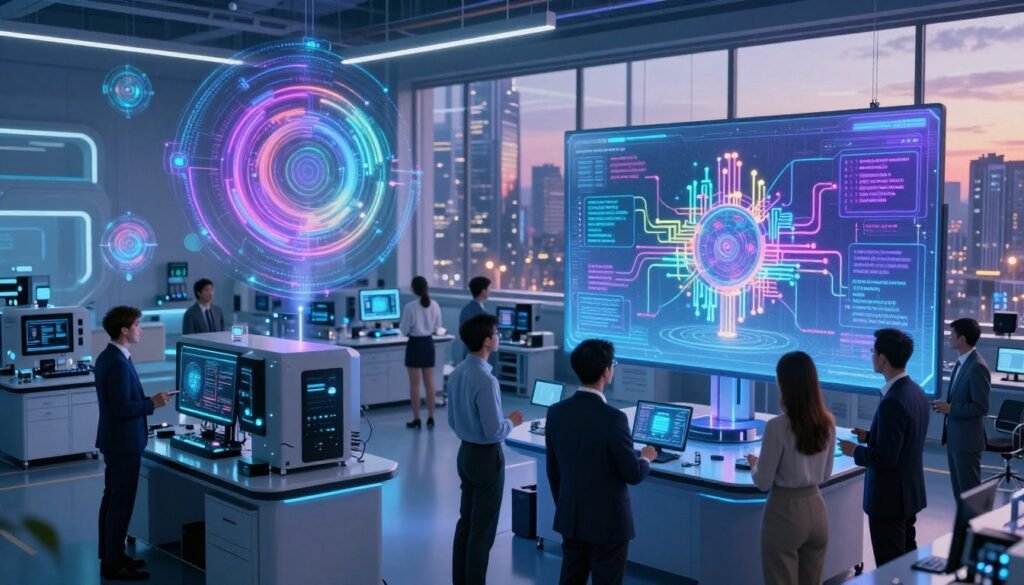 A futuristic lab filled with advanced quantum computing technology, showcasing vibrant holograms of natural language processing algorithms swirling in the air. In the foreground, a diverse group of professionals in business attire interacts with a large, interactive 3D display depicting multicolored quantum circuits and language flowcharts. The middle ground features sleek quantum computers with glowing interfaces, while the background includes large windows revealing a futuristic city skyline bathed in a soft sunset glow. The scene is illuminated with cool blue and purple lighting, creating a high-tech, innovative atmosphere. The angle is slightly elevated to capture the dynamic interactions and the intricate details of the devices, emphasizing the excitement of exploring new frontiers in quantum natural language processing. A futuristic lab filled with advanced quantum computing technology, showcasing vibrant holograms of natural language processing algorithms swirling in the air. In the foreground, a diverse group of professionals in business attire interacts with a large, interactive 3D display depicting multicolored quantum circuits and language flowcharts. The middle ground features sleek quantum computers with glowing interfaces, while the background includes large windows revealing a futuristic city skyline bathed in a soft sunset glow. The scene is illuminated with cool blue and purple lighting, creating a high-tech, innovative atmosphere. The angle is slightly elevated to capture the dynamic interactions and the intricate details of the devices, emphasizing the excitement of exploring new frontiers in quantum natural language processing.
