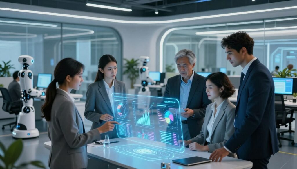 A futuristic office environment showcasing organizational transformation powered by AI. In the foreground, a diverse group of four professionals dressed in smart business attire collaborates over a holographic dashboard displaying analytics and AI-driven insights. In the middle ground, innovative technology like interactive screens and robotic assistants enhances productivity. The background reveals a sleek, modern office with glass walls, greenery, and soft blue lighting creating an atmosphere of inspiration and progress. Use a wide-angle lens to capture the depth of the collaborative space and the dynamic interactions among the team. The mood is optimistic and forward-looking, symbolizing the synergy between human intelligence and advanced technology in shaping the future of work. A futuristic office environment showcasing organizational transformation powered by AI. In the foreground, a diverse group of four professionals dressed in smart business attire collaborates over a holographic dashboard displaying analytics and AI-driven insights. In the middle ground, innovative technology like interactive screens and robotic assistants enhances productivity. The background reveals a sleek, modern office with glass walls, greenery, and soft blue lighting creating an atmosphere of inspiration and progress. Use a wide-angle lens to capture the depth of the collaborative space and the dynamic interactions among the team. The mood is optimistic and forward-looking, symbolizing the synergy between human intelligence and advanced technology in shaping the future of work.