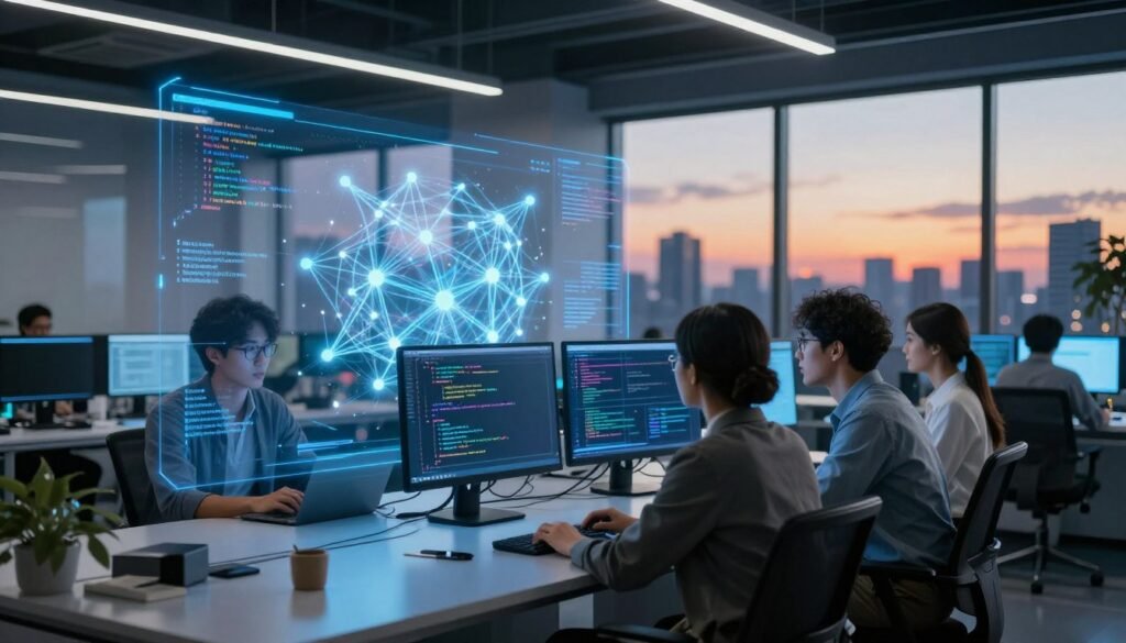 A futuristic office environment with a sleek, modern design. In the foreground, a diverse team of three professionals in smart casual attire, engaged in a collaborative code review session, analyzing a holographic screen displaying lines of code and refactor suggestions, radiating a blue glow. The midground features an AI interface, symbolized by an abstract, glowing neural network structure, seamlessly integrated with the code display. In the background, large windows show a vibrant city skyline, lit by a sunset, casting warm light into the room. The atmosphere exudes innovation and teamwork, emphasizing the transformative power of AI in software development, with a sense of optimism and forward-thinking. Use a wide-angle lens to capture the full scene, ensuring clarity and depth.