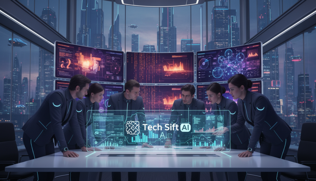 A futuristic office scene highlighting "Tech Sift AI" as a hub for advanced AI insights. In the foreground, a diverse team of professionals in smart business attire engage in a lively discussion around a sleek, interactive holographic display showcasing real-time data analytics and AI-generated forecasts. The middle layer features numerous screens displaying vibrant graphs and metrics, symbolizing innovation and technological efficiency. The background incorporates modern architecture with glass walls, a city skyline visible outside, emphasizing a progressive work environment. Soft, ambient lighting bathes the scene, creating a collaborative and inspiring atmosphere. Capture this moment from a slightly elevated angle to convey depth and emphasize the dynamic interaction among the team, while maintaining an overall atmosphere of focus and professionalism. A futuristic office scene highlighting "Tech Sift AI" as a hub for advanced AI insights. In the foreground, a diverse team of professionals in smart business attire engage in a lively discussion around a sleek, interactive holographic display showcasing real-time data analytics and AI-generated forecasts. The middle layer features numerous screens displaying vibrant graphs and metrics, symbolizing innovation and technological efficiency. The background incorporates modern architecture with glass walls, a city skyline visible outside, emphasizing a progressive work environment. Soft, ambient lighting bathes the scene, creating a collaborative and inspiring atmosphere. Capture this moment from a slightly elevated angle to convey depth and emphasize the dynamic interaction among the team, while maintaining an overall atmosphere of focus and professionalism.