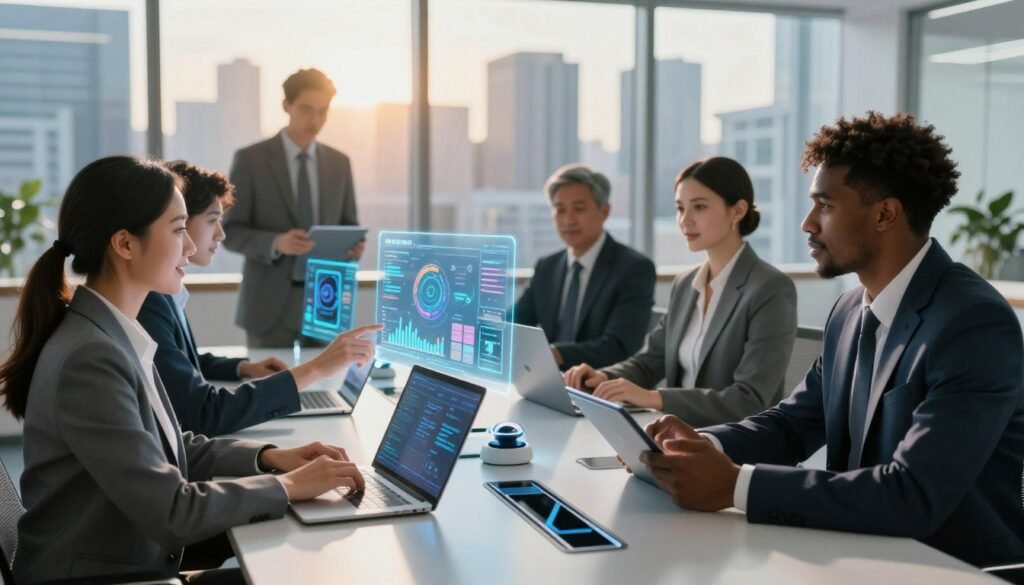A futuristic office scene showcasing a diverse group of professionals in business attire, collaborating around a sleek conference table filled with advanced digital tools and devices. In the foreground, a woman of Asian descent is gesturing towards a holographic display of data analytics, while a Black man, typing on a tablet, nods in agreement. The middle ground features modern smart gadgets and AI-powered machines, symbolizing transformation and innovation. In the background, large windows reveal a vibrant city skyline, illuminated by warm sunlight, creating a sense of optimism and progress. The atmosphere is dynamic and inspiring, with a soft focus that enhances the sense of collaboration and forward-thinking.