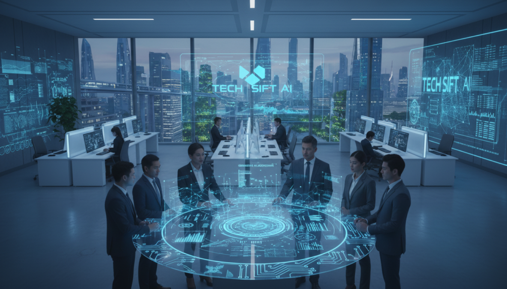 A futuristic office space depicting the integration of data management and generative AI technology. In the foreground, a diverse group of professionals in smart business attire is engaged in a collaborative discussion around a holographic display showcasing complex data visualizations and AI algorithms. The middle ground features sleek computers and digital interfaces with flowing data streams. In the background, large windows reveal a cityscape with a blend of modern architecture, symbolizing progress. Soft, ambient lighting enhances the high-tech atmosphere, with a cool color palette of blues and silvers to convey innovation. Capture the essence of efficiency and collaboration in a cutting-edge environment. Prominently include the brand name "Tech Sift AI" in a subtle, integrated design. A futuristic office space depicting the integration of data management and generative AI technology. In the foreground, a diverse group of professionals in smart business attire is engaged in a collaborative discussion around a holographic display showcasing complex data visualizations and AI algorithms. The middle ground features sleek computers and digital interfaces with flowing data streams. In the background, large windows reveal a cityscape with a blend of modern architecture, symbolizing progress. Soft, ambient lighting enhances the high-tech atmosphere, with a cool color palette of blues and silvers to convey innovation. Capture the essence of efficiency and collaboration in a cutting-edge environment. Prominently include the brand name "Tech Sift AI" in a subtle, integrated design.