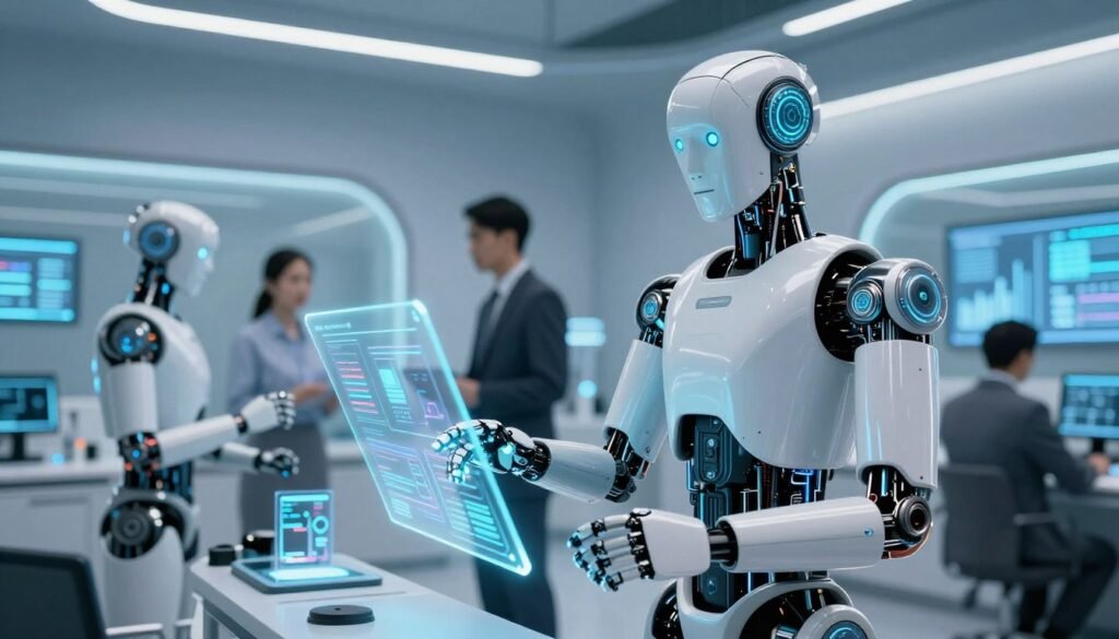 A futuristic scene showcasing humanoid robots equipped with advanced AI and sensor technology in a sleek, modern environment. In the foreground, a humanoid robot stands confidently, displaying intricate circuitry and glowing sensor lights integrated into its design. The robot is engaged in a task, such as analyzing data on a transparent holographic display. In the middle ground, other robots operate seamlessly alongside human engineers in professional business attire, collaborating on various technological projects. The background features a high-tech laboratory with glowing screens, digital interfaces, and futuristic equipment. Utilize soft, ambient lighting to create a sense of innovation and optimism, emphasizing the robots' sophisticated features. Capture the scene from a slightly low angle to convey the impressive heights of technological advancement, fostering a mood of wonder and potential. A futuristic scene showcasing humanoid robots equipped with advanced AI and sensor technology in a sleek, modern environment. In the foreground, a humanoid robot stands confidently, displaying intricate circuitry and glowing sensor lights integrated into its design. The robot is engaged in a task, such as analyzing data on a transparent holographic display. In the middle ground, other robots operate seamlessly alongside human engineers in professional business attire, collaborating on various technological projects. The background features a high-tech laboratory with glowing screens, digital interfaces, and futuristic equipment. Utilize soft, ambient lighting to create a sense of innovation and optimism, emphasizing the robots' sophisticated features. Capture the scene from a slightly low angle to convey the impressive heights of technological advancement, fostering a mood of wonder and potential.