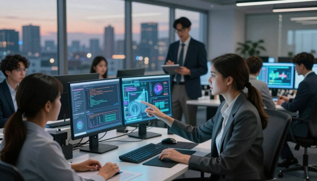A futuristic software development environment illuminated by soft, ambient lighting, featuring a diverse group of professionals in business attire collaboratively working with advanced AI tools. In the foreground, a woman gestures at a holographic display showcasing complex code, while a man in the background observes and takes notes. The middle ground highlights sleek desks with multiple monitors displaying vibrant graphs and AI analytics. In the background, large windows reveal a city skyline at dusk, suggesting innovation and progress. The scene exudes a productive, creative atmosphere, capturing the essence of teamwork and the transformative impact of AI in software engineering. The composition should be framed with a slight depth of field to emphasize the team while subtly blurring the background cityscape.