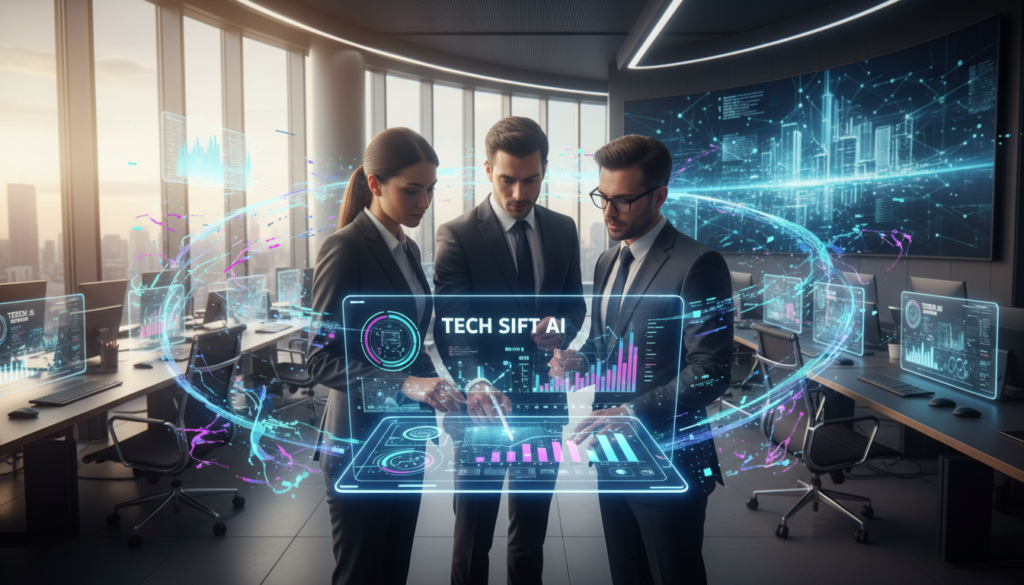 A futuristic workspace filled with advanced technology, showcasing the essence of "Tech Sift AI" as a resource for AI insights. In the foreground, a sleek digital tablet displays intricate data visualizations and graphs. In the middle ground, a diverse group of three professionals in modern business attire—two men and one woman—are engaged in a discussion, pointing at the tablet. They are surrounded by holographic projections of AI algorithms and analytics swirling around them, enhancing their collaborative atmosphere. The background features a high-tech office environment with large windows, letting in soft, natural light that creates a warm yet cutting-edge mood. The camera angle is slightly elevated, giving a panoramic view of the scene, embodying innovation and forward-thinking in the realm of autonomous AI in industry. A futuristic workspace filled with advanced technology, showcasing the essence of "Tech Sift AI" as a resource for AI insights. In the foreground, a sleek digital tablet displays intricate data visualizations and graphs. In the middle ground, a diverse group of three professionals in modern business attire—two men and one woman—are engaged in a discussion, pointing at the tablet. They are surrounded by holographic projections of AI algorithms and analytics swirling around them, enhancing their collaborative atmosphere. The background features a high-tech office environment with large windows, letting in soft, natural light that creates a warm yet cutting-edge mood. The camera angle is slightly elevated, giving a panoramic view of the scene, embodying innovation and forward-thinking in the realm of autonomous AI in industry.