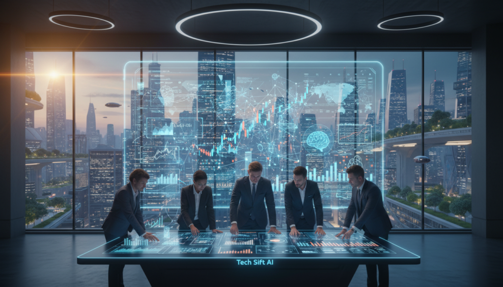 A futuristic workspace showcasing the essence of predictive analytics trends in a sleek, modern office environment. In the foreground, a diverse group of professionals in business attire huddles around a high-tech digital display, interpreting complex data visualizations. The middle ground features a large, transparent screen displaying real-time analytics and trends, surrounded by holographic graphs and icons representing AI and machine learning. The background highlights a city skyline through large glass windows, symbolizing industrial progress. Soft, ambient lighting accentuates the tech-savvy atmosphere, while a slight lens flare gives a dynamic touch. Overall, the mood is one of innovation and collaboration, with the brand name "Tech Sift AI" subtly integrated into the digital display for branding purposes. A futuristic workspace showcasing the essence of predictive analytics trends in a sleek, modern office environment. In the foreground, a diverse group of professionals in business attire huddles around a high-tech digital display, interpreting complex data visualizations. The middle ground features a large, transparent screen displaying real-time analytics and trends, surrounded by holographic graphs and icons representing AI and machine learning. The background highlights a city skyline through large glass windows, symbolizing industrial progress. Soft, ambient lighting accentuates the tech-savvy atmosphere, while a slight lens flare gives a dynamic touch. Overall, the mood is one of innovation and collaboration, with the brand name "Tech Sift AI" subtly integrated into the digital display for branding purposes.