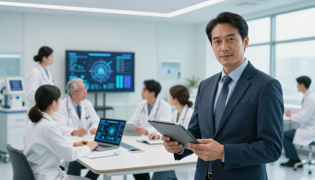 A healthcare professional in a smart business suit stands confidently in the foreground, analyzing data displayed on a sleek tablet. In the middle ground, a diverse group of medical experts discusses AI-driven diagnostic tools around a modern conference table, surrounded by charts and diagrams on digital screens. The background features a well-lit, contemporary hospital environment, showcasing medical equipment and staff in white coats, symbolizing clinical oversight. The atmosphere is collaborative and focused, emphasizing ethical considerations in medical practice. Bright, natural lighting pours in from large windows, creating a sense of openness and professionalism, while a shallow depth of field subtly blurs the background, keeping attention on the main figures engaged in discussion. A healthcare professional in a smart business suit stands confidently in the foreground, analyzing data displayed on a sleek tablet. In the middle ground, a diverse group of medical experts discusses AI-driven diagnostic tools around a modern conference table, surrounded by charts and diagrams on digital screens. The background features a well-lit, contemporary hospital environment, showcasing medical equipment and staff in white coats, symbolizing clinical oversight. The atmosphere is collaborative and focused, emphasizing ethical considerations in medical practice. Bright, natural lighting pours in from large windows, creating a sense of openness and professionalism, while a shallow depth of field subtly blurs the background, keeping attention on the main figures engaged in discussion.