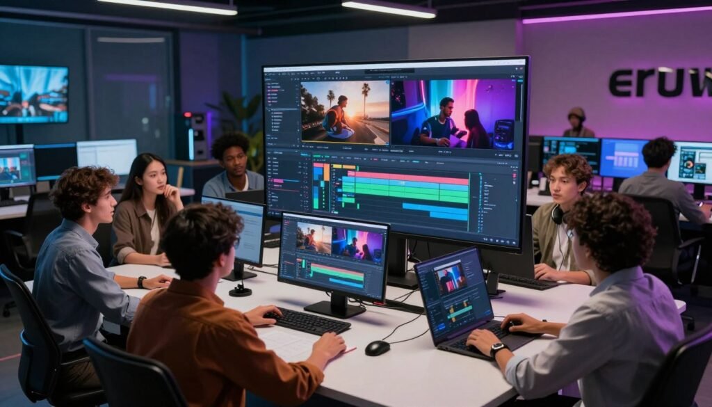 A high-tech editing room showcasing Runway's advanced creative control interface, filled with vivid screens displaying AI-driven video editing tools. In the foreground, a diverse group of professionals, dressed in smart casual attire, collaborate around a sleek, modern table, analyzing video footage with enthusiasm. The middle ground features a large monitor showing an engaging video project in progress, highlighted by colorful timelines and visual effects. The background is filled with advanced technology, including high-resolution displays and ambient lighting that creates a dynamic atmosphere. Soft, focused lighting emphasizes the concentration of the team, while a wide-angle perspective captures the excitement and creativity within the space. The scene conveys a sense of innovation and collaboration in the realm of AI video generation. A high-tech editing room showcasing Runway's advanced creative control interface, filled with vivid screens displaying AI-driven video editing tools. In the foreground, a diverse group of professionals, dressed in smart casual attire, collaborate around a sleek, modern table, analyzing video footage with enthusiasm. The middle ground features a large monitor showing an engaging video project in progress, highlighted by colorful timelines and visual effects. The background is filled with advanced technology, including high-resolution displays and ambient lighting that creates a dynamic atmosphere. Soft, focused lighting emphasizes the concentration of the team, while a wide-angle perspective captures the excitement and creativity within the space. The scene conveys a sense of innovation and collaboration in the realm of AI video generation.