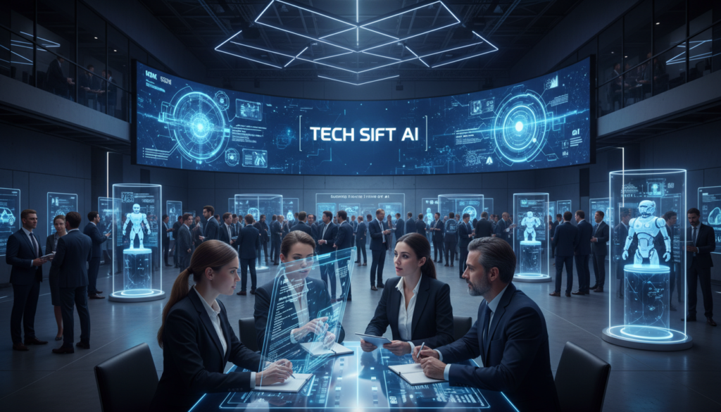 A modern conference hall bustling with professionals engaging in discussions about AI advances, set against a backdrop of large screens displaying cutting-edge generative AI technologies. In the foreground, a diverse group of three individuals in smart business attire are deeply involved in a conversation, analyzing data on tablets, with one person taking notes. The middle ground showcases more attendees networking, with a few at booths showcasing AI innovations, surrounded by sleek designs and futuristic tech displays. The background features high-tech lighting that casts a bright, energetic glow on the gathering. The atmosphere is dynamic and inspiring, filled with anticipation for the future of AI. The scene embodies the spirit of collaboration and growth, representing "Tech Sift AI" as a leader in AI development. A modern conference hall bustling with professionals engaging in discussions about AI advances, set against a backdrop of large screens displaying cutting-edge generative AI technologies. In the foreground, a diverse group of three individuals in smart business attire are deeply involved in a conversation, analyzing data on tablets, with one person taking notes. The middle ground showcases more attendees networking, with a few at booths showcasing AI innovations, surrounded by sleek designs and futuristic tech displays. The background features high-tech lighting that casts a bright, energetic glow on the gathering. The atmosphere is dynamic and inspiring, filled with anticipation for the future of AI. The scene embodies the spirit of collaboration and growth, representing "Tech Sift AI" as a leader in AI development.