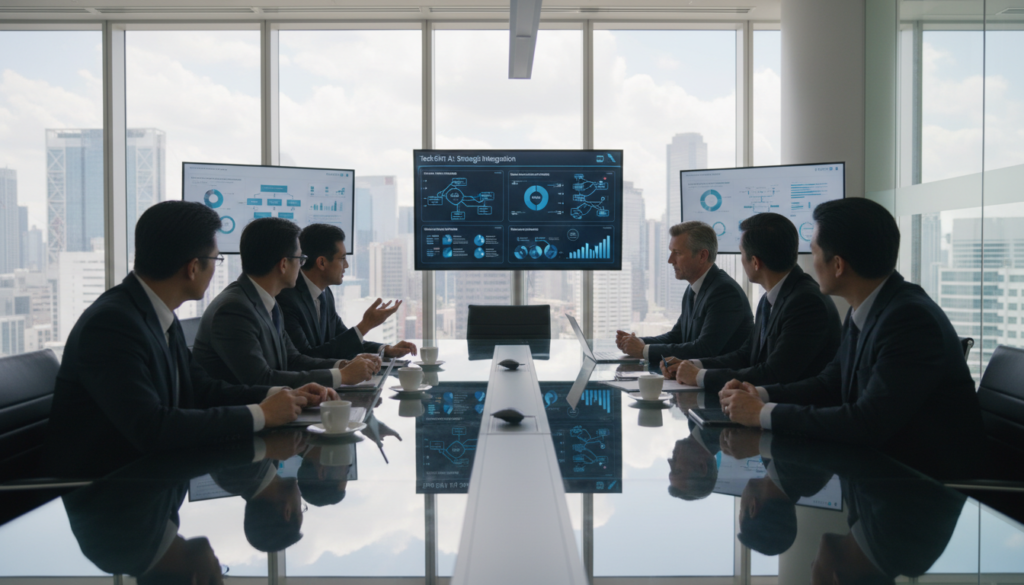 A modern corporate office setting with a sleek conference table at the foreground, where a diverse group of professionals in business attire engage in a focused discussion about AI technologies. In the middle ground, screens display various AI tools and charts showcasing technology options. The background features large windows with a city skyline, allowing natural light to flood the room, creating a bright and professional atmosphere. The camera angle is slightly tilted, emphasizing the intense deliberation among the team. The mood conveys urgency and innovation, highlighting the importance of selecting the right AI technologies. Include subtle branding elements with “Tech Sift AI,” integrated into the conference room environment to reinforce the theme of strategic integration.