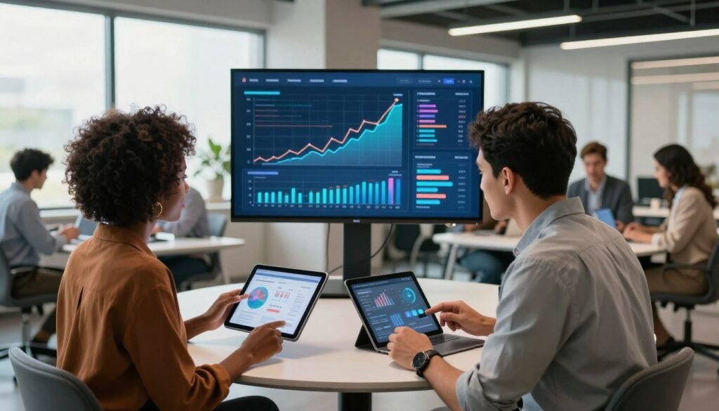 A modern e-commerce workspace featuring a diverse group of professionals working together to analyze data and strategize. In the foreground, two individuals, a Black woman and a Hispanic man, are discussing trends with digital tablets in hand, dressed in smart casual attire. In the middle, a large screen displays graphs and AI-driven insights related to e-commerce growth, illuminated by soft, ambient lighting. The background features a sleek office environment with modern furniture, additional team members collaborating at a round table with laptops and digital notepads. Natural light streams through large windows, creating a bright and motivational atmosphere, symbolizing innovation and teamwork in leveraging AI for e-commerce success. The overall mood is dynamic and focused, emphasizing growth and collaboration. A modern e-commerce workspace featuring a diverse group of professionals working together to analyze data and strategize. In the foreground, two individuals, a Black woman and a Hispanic man, are discussing trends with digital tablets in hand, dressed in smart casual attire. In the middle, a large screen displays graphs and AI-driven insights related to e-commerce growth, illuminated by soft, ambient lighting. The background features a sleek office environment with modern furniture, additional team members collaborating at a round table with laptops and digital notepads. Natural light streams through large windows, creating a bright and motivational atmosphere, symbolizing innovation and teamwork in leveraging AI for e-commerce success. The overall mood is dynamic and focused, emphasizing growth and collaboration.