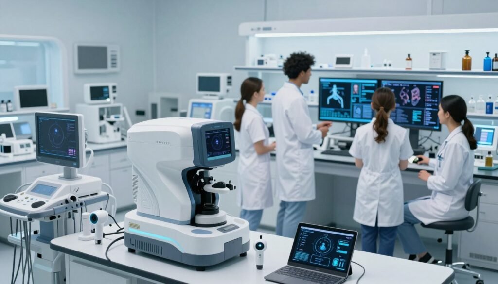 A modern, high-tech medical laboratory showcasing advancements in diagnostic tools. In the foreground, a sleek, advanced AI-powered diagnostic machine with a digital display, surrounded by various cutting-edge medical instruments like handheld ultrasound devices and AI software interfaces on tablets. In the middle ground, a diverse group of healthcare professionals in professional attire, intently discussing data analytics while reviewing patient scans on a large monitor. The background features smart shelves lined with the latest technology, illuminated by soft, cool white lighting. A sense of innovation and collaboration fills the atmosphere, conveying a bright future in medical diagnosis. Capture the scene from a slightly elevated angle to emphasize the dynamic interactions between technology and healthcare providers. A modern, high-tech medical laboratory showcasing advancements in diagnostic tools. In the foreground, a sleek, advanced AI-powered diagnostic machine with a digital display, surrounded by various cutting-edge medical instruments like handheld ultrasound devices and AI software interfaces on tablets. In the middle ground, a diverse group of healthcare professionals in professional attire, intently discussing data analytics while reviewing patient scans on a large monitor. The background features smart shelves lined with the latest technology, illuminated by soft, cool white lighting. A sense of innovation and collaboration fills the atmosphere, conveying a bright future in medical diagnosis. Capture the scene from a slightly elevated angle to emphasize the dynamic interactions between technology and healthcare providers.