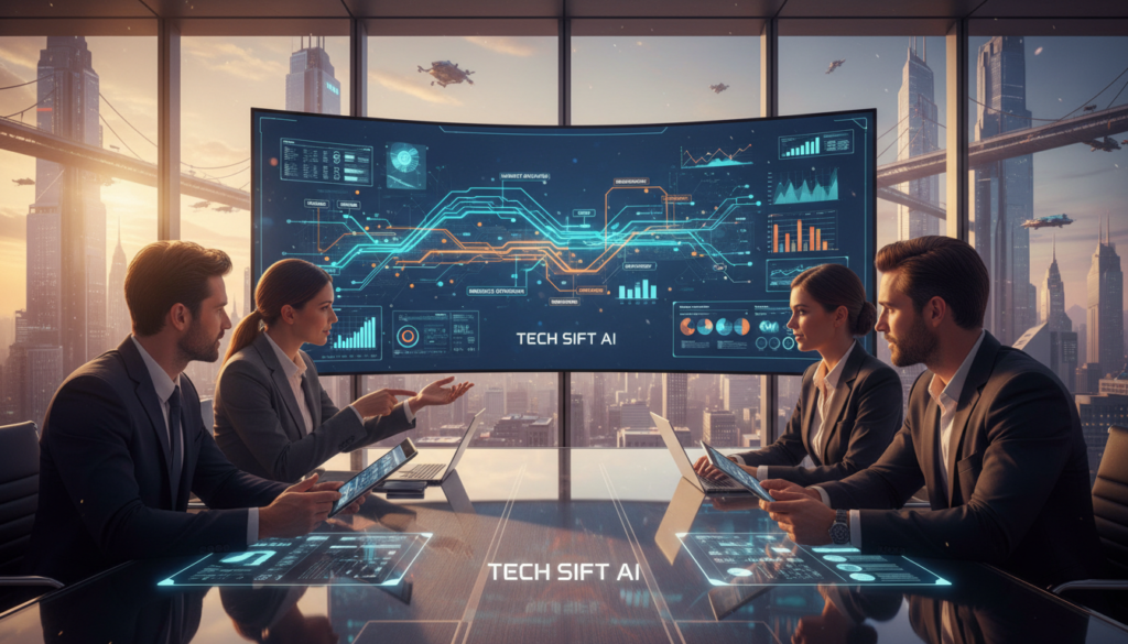 A modern office conference room focused on strategic planning with AI integration. In the foreground, a diverse team of business professionals in smart attire gather around a sleek glass table, analyzing data on digital devices. The team consists of men and women of different ethnicities, engaged in a lively discussion. The middle layer features a large interactive screen displaying AI-generated charts and graphs, with dynamic flowcharts illustrating strategic planning processes. The background showcases a futuristic cityscape through a large window, with a setting sun casting warm, golden hour lighting throughout the room. The atmosphere is collaborative and inspired, emphasizing innovation and forward-thinking. The brand name "Tech Sift AI" subtly incorporated into the scene. Position shot from a low angle to capture the energy and focus of the meeting. A modern office conference room focused on strategic planning with AI integration. In the foreground, a diverse team of business professionals in smart attire gather around a sleek glass table, analyzing data on digital devices. The team consists of men and women of different ethnicities, engaged in a lively discussion. The middle layer features a large interactive screen displaying AI-generated charts and graphs, with dynamic flowcharts illustrating strategic planning processes. The background showcases a futuristic cityscape through a large window, with a setting sun casting warm, golden hour lighting throughout the room. The atmosphere is collaborative and inspired, emphasizing innovation and forward-thinking. The brand name "Tech Sift AI" subtly incorporated into the scene. Position shot from a low angle to capture the energy and focus of the meeting.