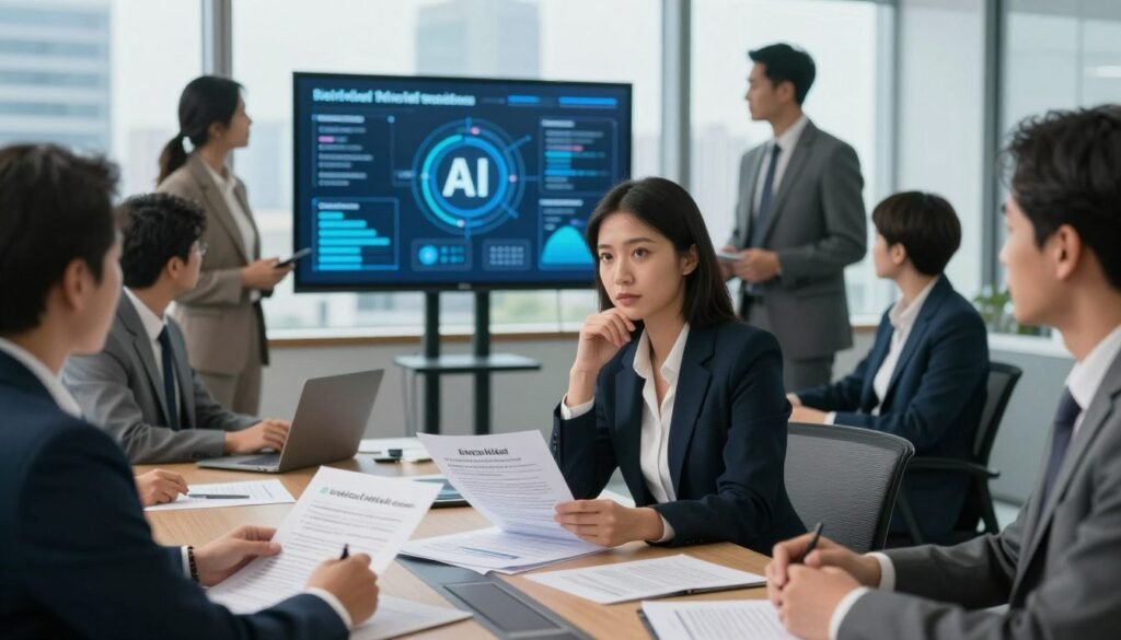A modern office conference room setting filled with diverse professionals in business attire engaged in discussions about artificial intelligence. In the foreground, a thoughtful woman of Asian descent examines ethical documents and policy guidelines on a table. The middle section features a digital display with visual representations of AI data analytics and privacy concerns, illustrating a balance of technology and ethics. The background shows large windows with a cityscape view, symbolizing transparency and progress. Soft, natural light filters through, creating an atmosphere of collaboration and innovation, emphasizing the importance of ethical considerations in public sector and commercial AI adoption. The overall mood is serious yet optimistic, reflecting the challenges and opportunities of navigating AI ethics.