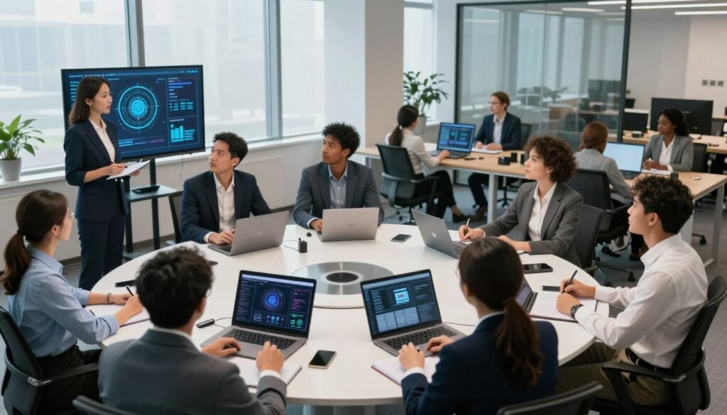 A modern office environment bustling with activity, depicting a diverse group of professionals engaged in an AI skills development training session. In the foreground, a focused female trainer presents a data visualization on a screen, while a diverse audience of male and female employees, dressed in smart business attire, actively participate by taking notes and asking questions. In the middle ground, a high-tech roundtable shows laptops and digital devices displaying AI-related content. The background features large windows letting in soft, natural light, enhancing an atmosphere of innovation and collaboration. The mood is dynamic and inspiring, emphasizing the importance of learning and organizational change management in a contemporary business strategy, shot from a slightly elevated angle to capture the energy of the room.