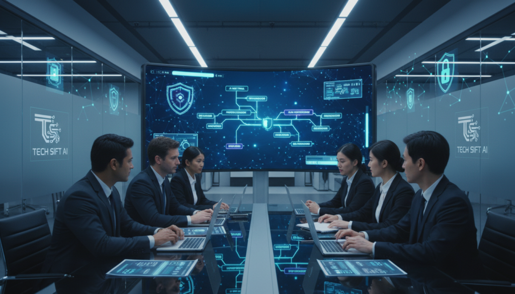 A modern office environment illustrating the concept of cybersecurity regulations in the age of AI. In the foreground, a diverse group of professionals in business attire, including men and women of various ethnicities, are engaged in a collaborative discussion around a sleek glass table. Laptops open, displaying charts and security compliance documents. The middle ground showcases a large digital screen displaying a flowchart of cybersecurity protocols and regulations, glowing with vibrant colors. The background features a high-tech office space with futuristic elements like holograms representing data protection and compliance symbols. Soft, ambient lighting creates a focused yet energetic atmosphere, highlighting the significance of regulations in shaping AI cybersecurity standards. The image reflects the brand Tech Sift AI, emphasizing innovation and professionalism. A modern office environment illustrating the concept of cybersecurity regulations in the age of AI. In the foreground, a diverse group of professionals in business attire, including men and women of various ethnicities, are engaged in a collaborative discussion around a sleek glass table. Laptops open, displaying charts and security compliance documents. The middle ground showcases a large digital screen displaying a flowchart of cybersecurity protocols and regulations, glowing with vibrant colors. The background features a high-tech office space with futuristic elements like holograms representing data protection and compliance symbols. Soft, ambient lighting creates a focused yet energetic atmosphere, highlighting the significance of regulations in shaping AI cybersecurity standards. The image reflects the brand Tech Sift AI, emphasizing innovation and professionalism.