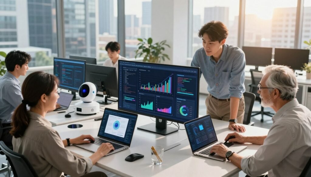 A modern office environment illustrating the integration of AI tools. In the foreground, a diverse group of three professionals—a middle-aged woman, a young man, and a senior man—are actively collaborating over a large digital screen filled with graphs and AI interfaces. The middle section features sleek desks with laptops and AI devices, showcasing innovative technology like virtual assistants and coding interfaces. In the background, large windows reveal a vibrant cityscape, with sunlight streaming in to create a bright, optimistic atmosphere. The lighting is warm and inviting, emphasizing productivity and teamwork. Capture the scene from a slightly elevated angle to provide a comprehensive view of the integration process, portraying a professional yet dynamic mood that highlights best practices in AI tool implementation.