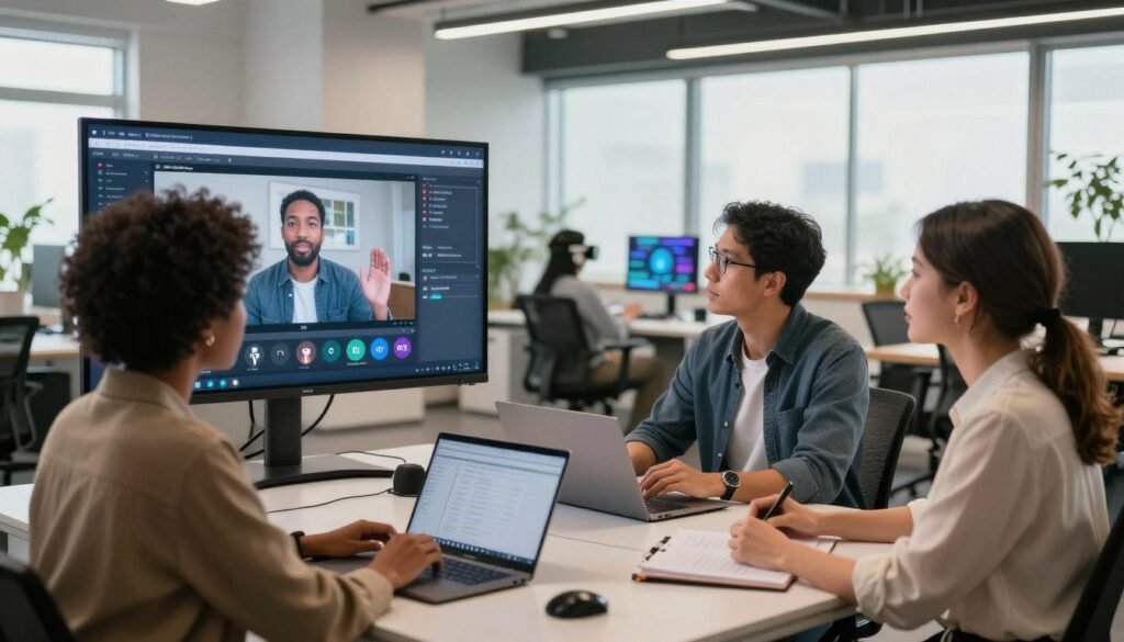 A modern office environment showcasing a high-tech setup for AI video generation training. In the foreground, a diverse group of three professionals—one Black woman, one Hispanic man, and one Caucasian woman—are attentively watching a Synthesia training video on a sleek, large screen. They are dressed in professional attire, exuding focus and engagement. In the middle ground, the office features contemporary furniture, laptops, and design elements that suggest advanced technology, like virtual reality headsets and interactive screens. The background displays a bright, well-lit space with large windows, allowing natural light to flood in. The atmosphere is innovative and collaborative, inspiring creativity and learning. Use soft natural lighting to create a welcoming ambiance, shot from a slight angle to capture the dynamic interaction among the team. A modern office environment showcasing a high-tech setup for AI video generation training. In the foreground, a diverse group of three professionals—one Black woman, one Hispanic man, and one Caucasian woman—are attentively watching a Synthesia training video on a sleek, large screen. They are dressed in professional attire, exuding focus and engagement. In the middle ground, the office features contemporary furniture, laptops, and design elements that suggest advanced technology, like virtual reality headsets and interactive screens. The background displays a bright, well-lit space with large windows, allowing natural light to flood in. The atmosphere is innovative and collaborative, inspiring creativity and learning. Use soft natural lighting to create a welcoming ambiance, shot from a slight angle to capture the dynamic interaction among the team.