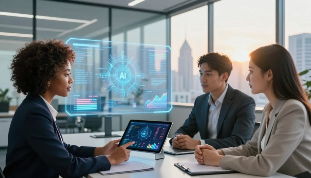 A modern office environment that symbolizes the management of AI-driven business risks. In the foreground, a diverse group of three professionals—one Black woman, one Asian man, and one Hispanic woman—wearing sharp business attire, are engaged in a collaborative discussion around a digital tablet displaying data analytics and risk assessment charts. In the middle ground, a sleek conference table is surrounded by futuristic holographic graphics depicting AI algorithms and risk management scenarios. The background features a panoramic view of a city skyline through large glass windows, illuminated by warm sunlight, creating an optimistic yet serious atmosphere. Use soft, diffused lighting to enhance the professionalism of the scene. The angle should be slightly elevated to capture both the team and the digital visuals effectively, conveying a sense of innovation and responsibility in navigating AI challenges.