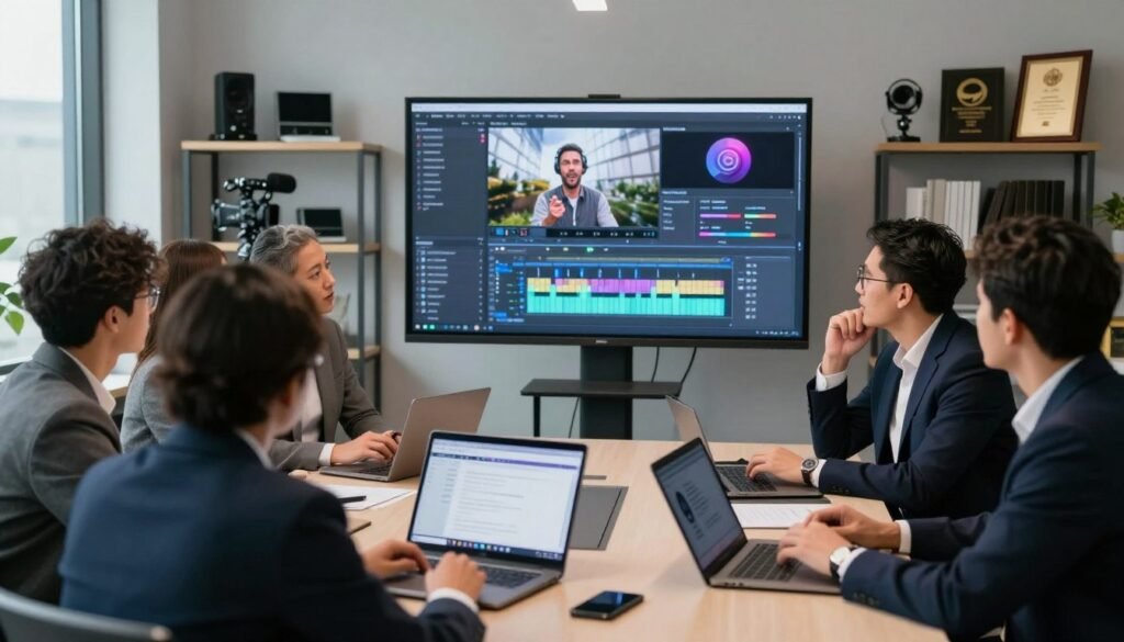 A modern office setting highlighting strategies for using AI in video and audio production. In the foreground, a diverse group of professionals in business attire engages in a brainstorming session around a sleek conference table, with laptops and tablets showcasing various AI tools. The middle ground features a large screen displaying dynamic visuals of AI-driven video editing software and sound editing applications. The background includes shelves with accolades and background equipment like cameras and microphones, symbolizing production technology. Soft, natural lighting filters through large windows, creating a collaborative and innovative atmosphere. The scene conveys a sense of creativity and efficiency in harnessing AI for media production. A modern office setting highlighting strategies for using AI in video and audio production. In the foreground, a diverse group of professionals in business attire engages in a brainstorming session around a sleek conference table, with laptops and tablets showcasing various AI tools. The middle ground features a large screen displaying dynamic visuals of AI-driven video editing software and sound editing applications. The background includes shelves with accolades and background equipment like cameras and microphones, symbolizing production technology. Soft, natural lighting filters through large windows, creating a collaborative and innovative atmosphere. The scene conveys a sense of creativity and efficiency in harnessing AI for media production.