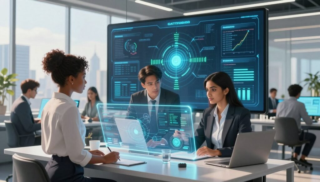 A modern, secure integration scalable AI platform set in a sleek, high-tech office environment. In the foreground, a diverse group of professionals in business attire, including a Black woman, a Hispanic man, and a South Asian woman, collaboratively analyzing data on futuristic holographic displays. In the middle ground, a large digital interface showcases interconnected data flows and AI algorithms, illuminated with soft blue and green lights, emphasizing a sense of innovation and security. The background features a panoramic view of a city skyline, suggesting growth and opportunity. The setting is well-lit with natural sunlight streaming in, creating an inspiring and optimistic atmosphere that reflects the essence of next-gen generative AI technology.
