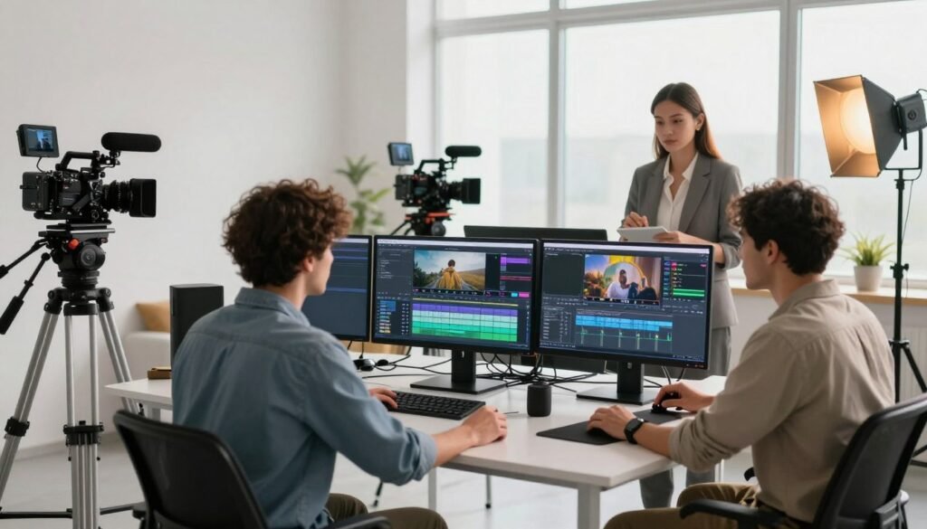 A modern video production studio set against a bright, minimalist backdrop, showcasing a streamlined workflow. In the foreground, a diverse team of three professionals—two men in smart casual attire and one woman in professional business wear—collaborate around a sleek, high-tech editing workstation with multiple monitors displaying video timelines. In the middle ground, various film equipment like cameras, microphones, and lighting gear are neatly organized, emphasizing a productive atmosphere. The background reveals large windows with natural light flooding in, providing a warm and inviting ambiance. The scene conveys a sense of efficiency, teamwork, and creativity, emphasizing the integration of AI tools in video production. The overall mood is energetic and focused, encouraging inspiration for modern creators.