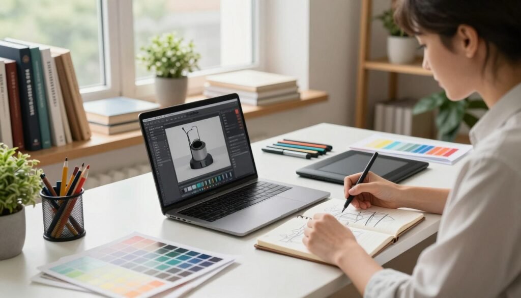 A modern workspace dedicated to the design process, featuring a sleek desk with an open laptop displaying design software. In the foreground, a designer in professional attire is focused on sketching ideas in a notebook. The middle background showcases shelves lined with design books, color palettes, and tools like markers and a graphics tablet. Bright, natural light streams through a large window, creating a warm atmosphere, while potted plants add a touch of greenery. The scene conveys a sense of creativity and productivity, with a soft focus affecting the distant background to emphasize the designer’s work and process. The angle captures the workspace from a slightly elevated viewpoint, illustrating an organized yet artistic environment. A modern workspace dedicated to the design process, featuring a sleek desk with an open laptop displaying design software. In the foreground, a designer in professional attire is focused on sketching ideas in a notebook. The middle background showcases shelves lined with design books, color palettes, and tools like markers and a graphics tablet. Bright, natural light streams through a large window, creating a warm atmosphere, while potted plants add a touch of greenery. The scene conveys a sense of creativity and productivity, with a soft focus affecting the distant background to emphasize the designer’s work and process. The angle captures the workspace from a slightly elevated viewpoint, illustrating an organized yet artistic environment.