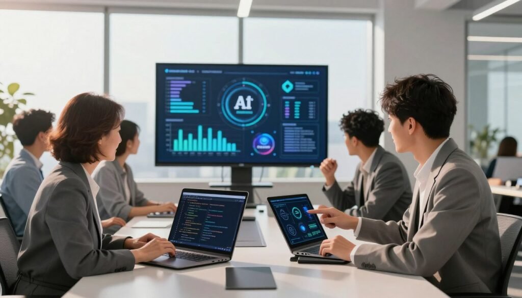 A modern workspace featuring a diverse group of professionals collaborating around a sleek conference table. In the foreground, a mature woman in business attire examines a laptop displaying code for a custom AI solution, while a young man points at a visual chart on a tablet nearby. The middle ground displays a large screen with dynamic graphs and open-source logos, symbolizing innovative AI technologies. In the background, a large window lets in natural light, casting a warm glow throughout the room and enhancing the atmosphere of creativity and collaboration. The setting reflects a futuristic yet approachable office environment, emphasizing teamwork and the potential of AI to boost digital revenue. The overall mood is optimistic and inspiring, highlighting empowerment through technology.