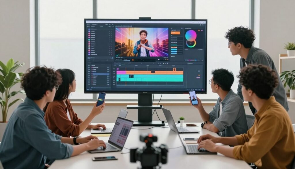 A modern workspace filled with innovative social media video tools like smartphones, laptops, and cameras, all designed for creative content generation. In the foreground, a diverse group of professionals in smart casual clothing collaborates around a sleek table, intently discussing video strategies and editing techniques. The middle layer features an interactive smart screen showcasing a vibrant video editing interface, with engaging graphics and colorful timelines. The background has large windows letting in soft, natural light that brightens the room, creating an inspirational atmosphere. Use a wide-angle lens to capture the energy and creativity in the space, emphasizing a sense of collaboration and forward-thinking in technology. The overall mood should be modern, dynamic, and filled with possibilities for social media content creation. A modern workspace filled with innovative social media video tools like smartphones, laptops, and cameras, all designed for creative content generation. In the foreground, a diverse group of professionals in smart casual clothing collaborates around a sleek table, intently discussing video strategies and editing techniques. The middle layer features an interactive smart screen showcasing a vibrant video editing interface, with engaging graphics and colorful timelines. The background has large windows letting in soft, natural light that brightens the room, creating an inspirational atmosphere. Use a wide-angle lens to capture the energy and creativity in the space, emphasizing a sense of collaboration and forward-thinking in technology. The overall mood should be modern, dynamic, and filled with possibilities for social media content creation.